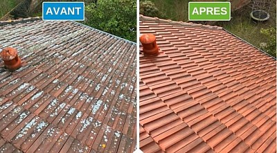 Nettoyage de Toiture nous appliquons un produit anti mousse, puis ensuite une solution hydrofuge qui donne une pellicule imperméable sur la tuiles